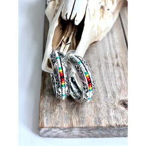 Seed Bead Hoop Earrings White Multicolor